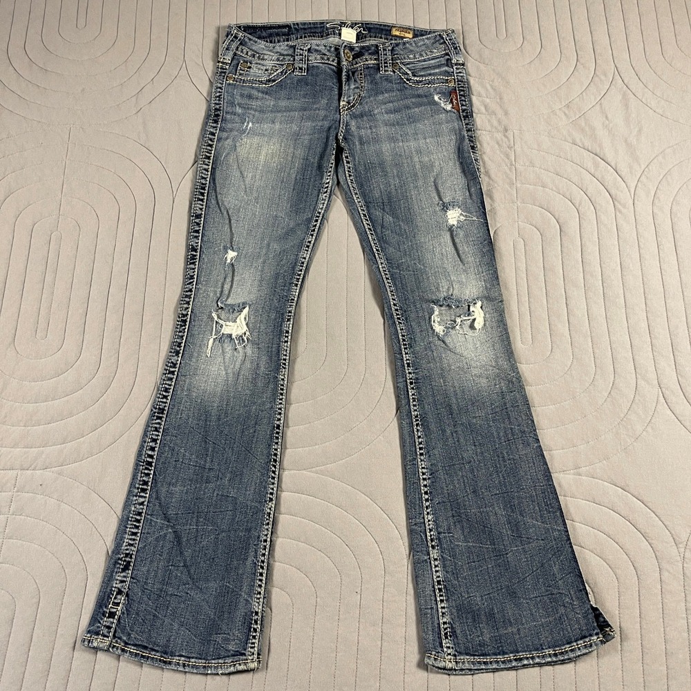 Silver Jeans Co Frances Flare Distressed Denim Medium Wash W27 L31 Low Rise